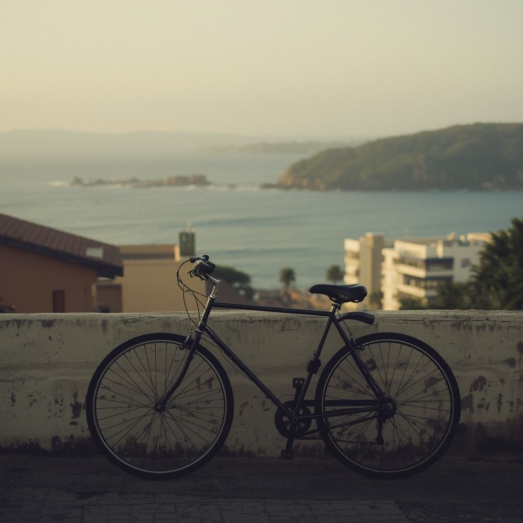 Bicicleta encostada em um muro, com o mar ao fundo (imagem ilustrativa)