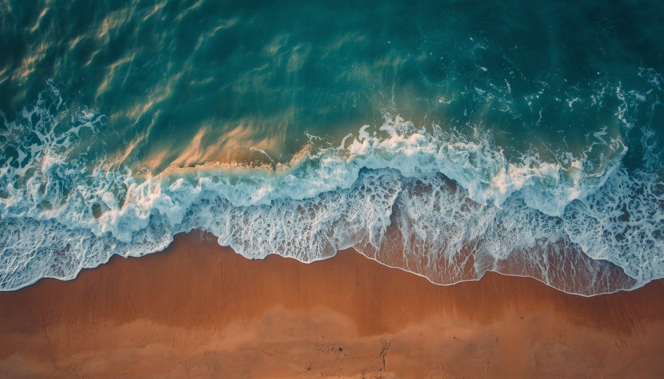 Vista aérea de onda quebrando na praia ao entardecer