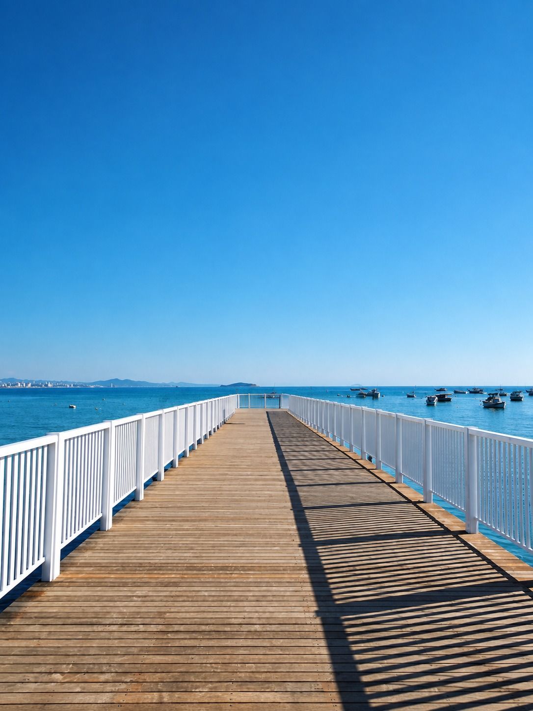 Píer de madeira com guarda-corpo branco sobre o mar azul (imagem ilustrativa)