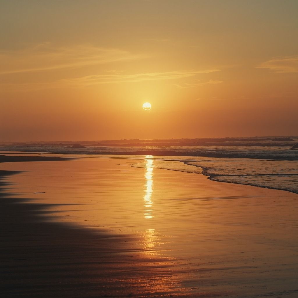 Pôr do sol refletido na areia molhada (imagem ilustrativa)