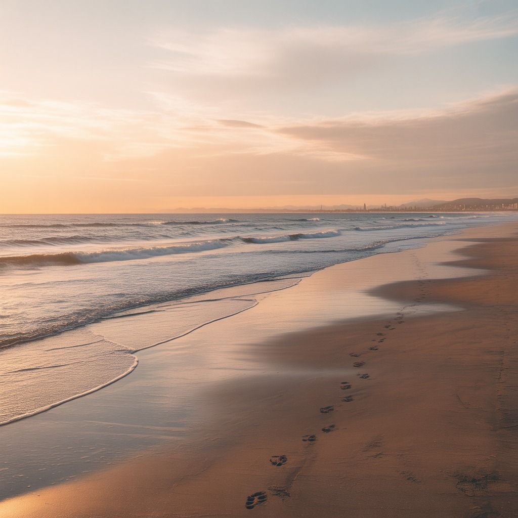 Praia ao entardecer, com pegadas na areia e ondas suaves (imagem ilustrativa)