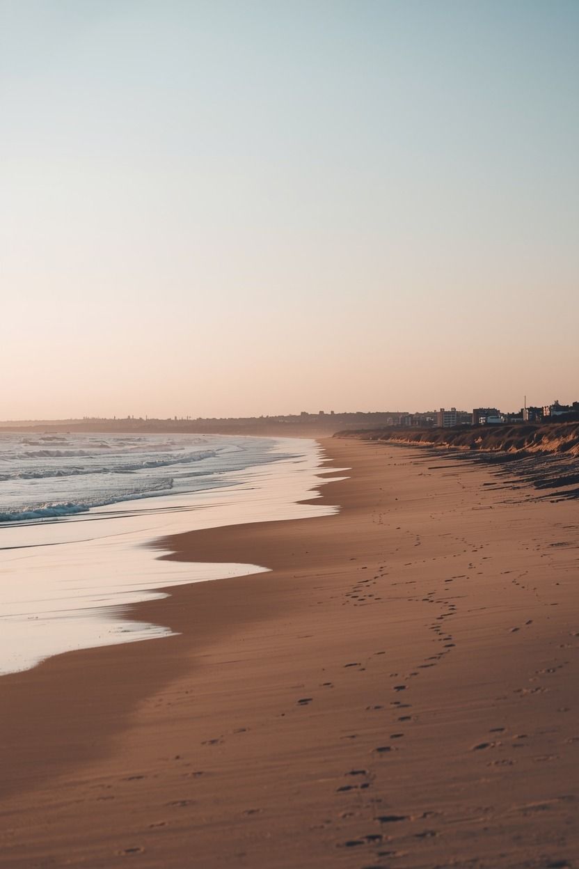 Praia ao amanhecer, com a cidade ao longe (imagem ilustrativa)