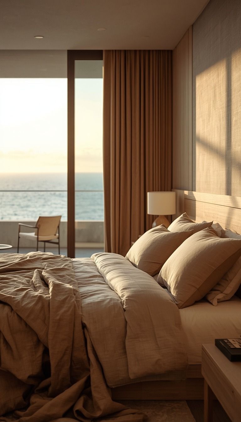 Quarto de apartamento com vista para o mar ao entardecer (imagem ilustrativa)